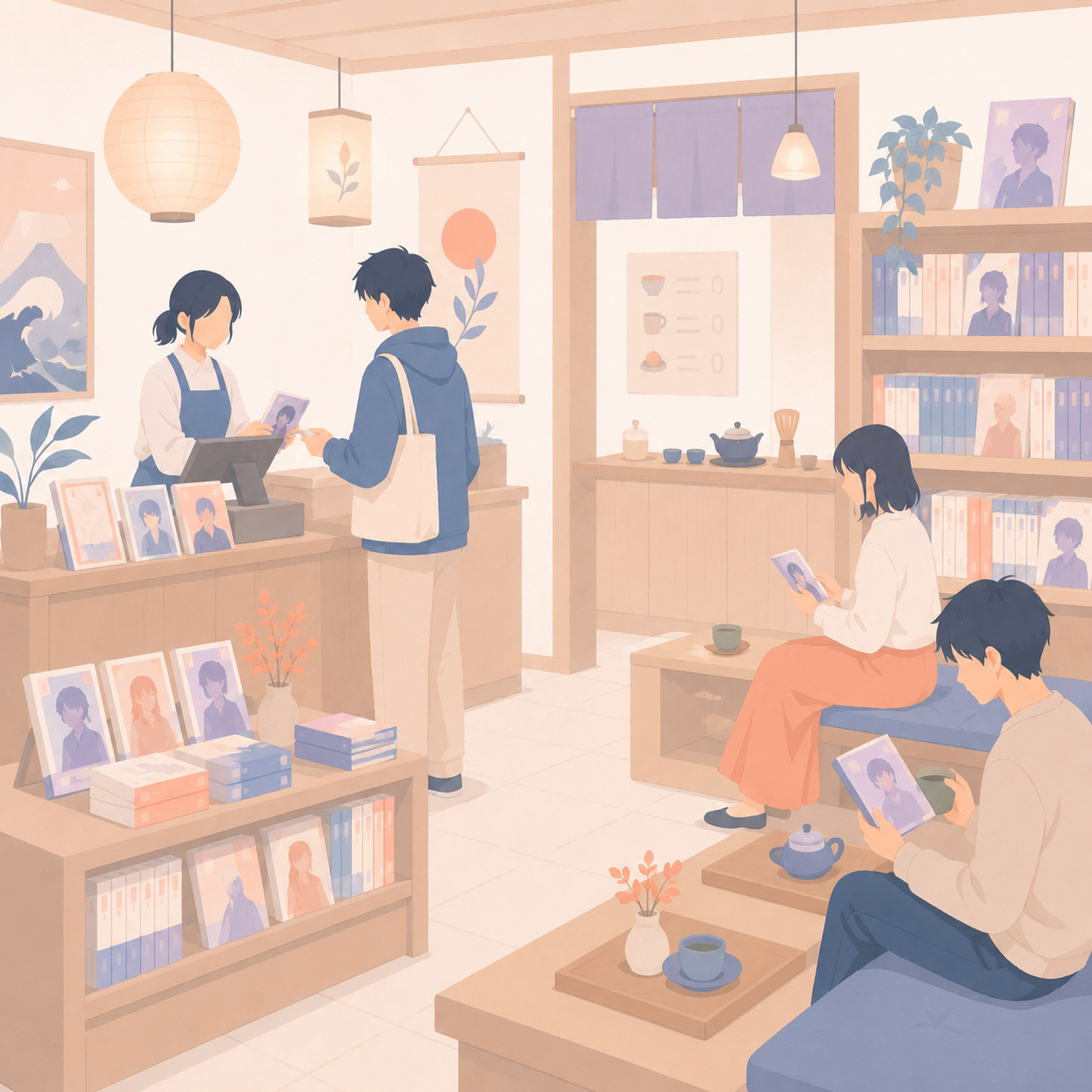 Comptoir et espace lecture du manga café Isekai Himitsu à Rumilly