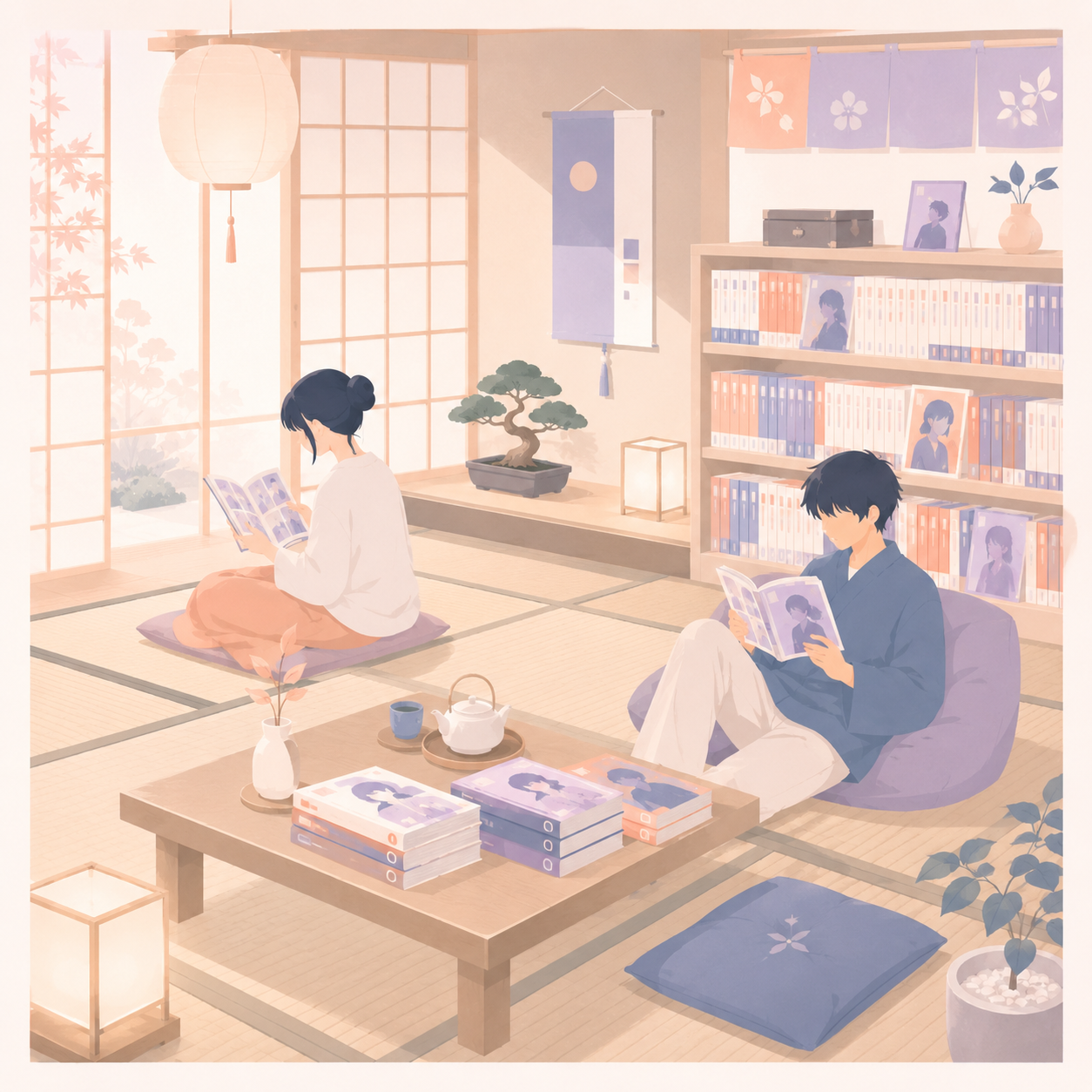 Lecture détente sur tatami dans l’espace cosy d’Isekai Himitsu