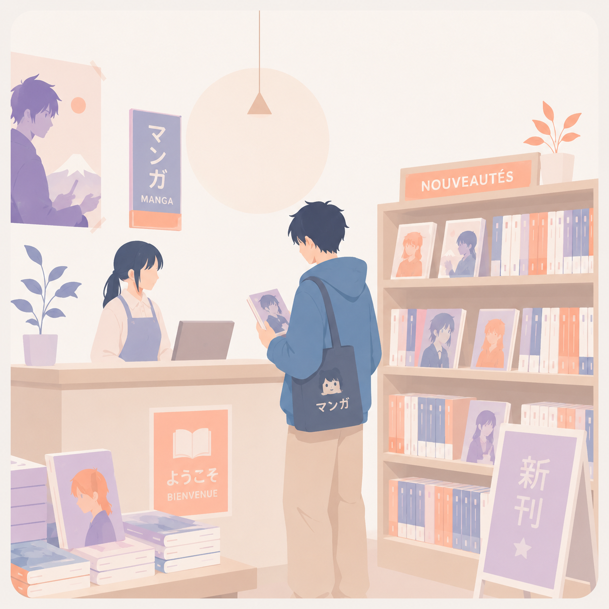 Client découvrant les nouveautés manga au comptoir d’Isekai Himitsu à Rumilly